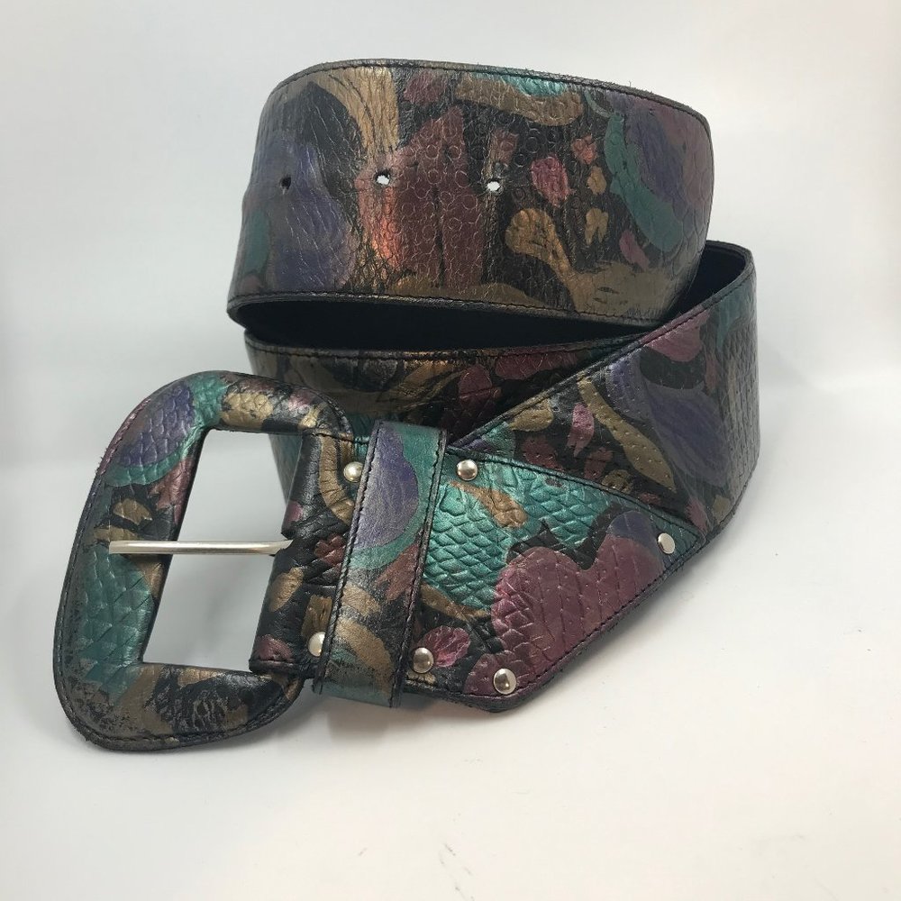 Vintage 80s Snakeskin and Floral Leather Belt
